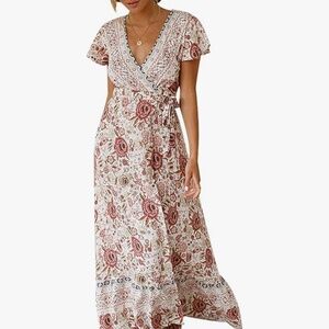 NWT Boho Floral Maxi Wrap Dress Small Coastal Cowgirl Ruffle Beach Wedding